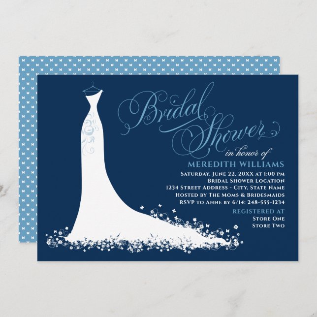 Elegant Navy and Blue Wedding Gown Bridal Shower Invitation (Front/Back)