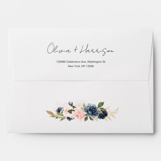 Elegant Navy and Blush Pink Floral Wedding Envelope (Back (Top Flap))
