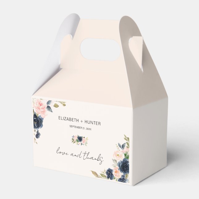 Elegant Navy and Blush Pink Floral Wedding Favour Box (Front Side)