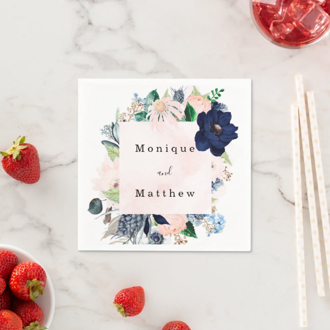 Elegant Navy and Blush Pink Floral Wedding Napkin (Insitu)