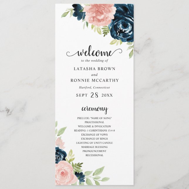 Elegant Navy and Blush Pink Floral Wedding Programme (Front)