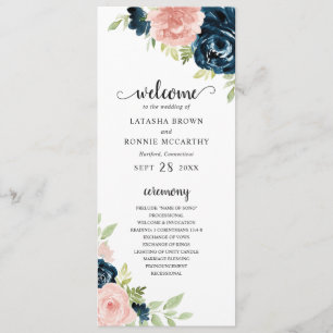 Elegant Navy and Blush Pink Floral Wedding Programme