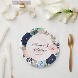 Elegant Navy and Blush Pink Florals Wedding Paper Plate