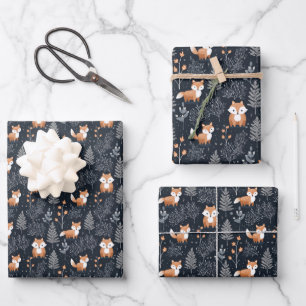 Elegant navy and brown woodland winter animals wrapping paper sheet