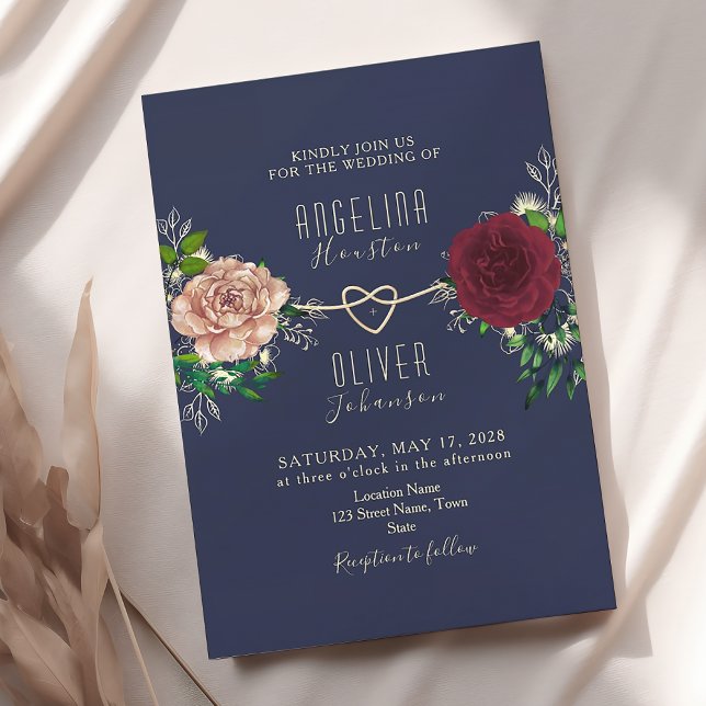 Elegant Navy and Burgundy Floral Wedding Invitation (Creator Uploaded)