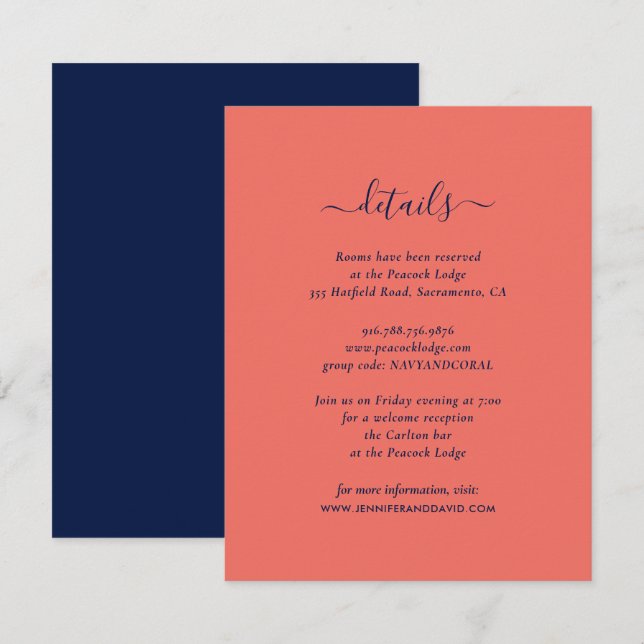Elegant Navy and Coral Guest Information Cards (Front/Back)