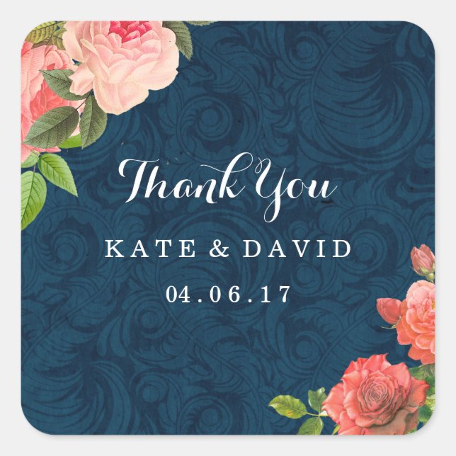 Elegant Navy and Coral Thank You Stickers (Front)