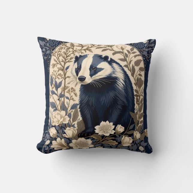 Elegant Navy and Cream Badger Floral Cushion (Front)