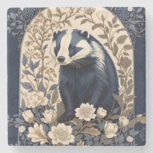 Elegant Navy and Cream Badger Floral Stone Coaster