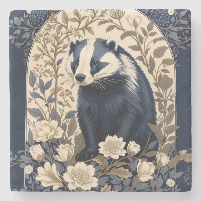 Elegant Navy and Cream Badger Floral Stone Coaster (Front)