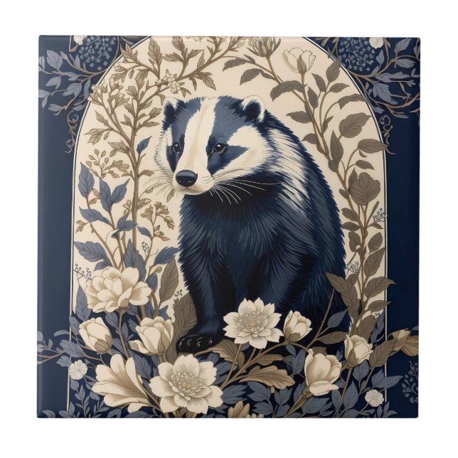 Elegant Navy and Cream Badger Floral Tile (Front)