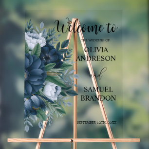 Elegant Navy and dusty Blue floral mo welcome sig Acrylic Sign