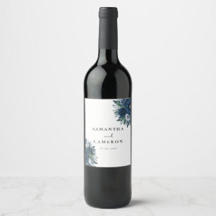 Elegant Navy and dusty Blue floral modern Wedding Wine Label