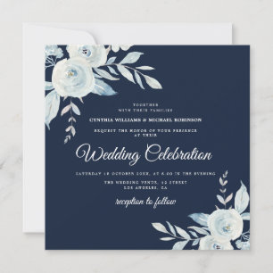 elegant navy and dusty blue floral wedding invitation