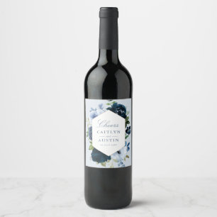 elegant navy and dusty blue floral wedding wine label