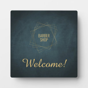 Elegant navy and gold barber shop welcome plaque