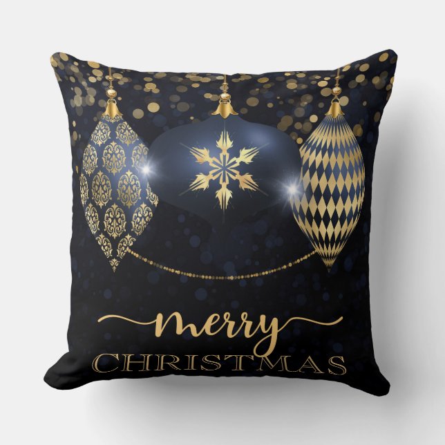 Elegant Navy and Gold Bauble Merry Christmas Cushion (Front)