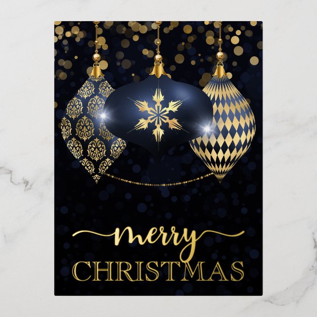 Elegant Navy and Gold Bauble Merry Christmas Foil Holiday Postcard (Front)