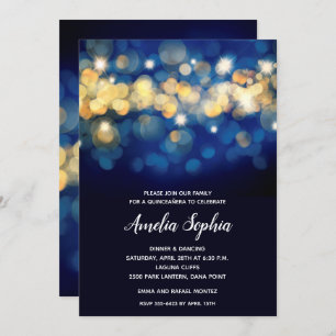Elegant Navy and Gold Bokeh Quinceañera Invitation