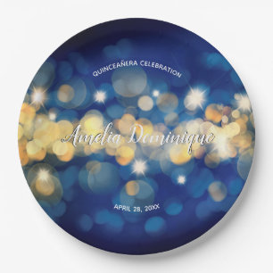 Elegant Navy and Gold Bokeh Quinceañera Paper Plate