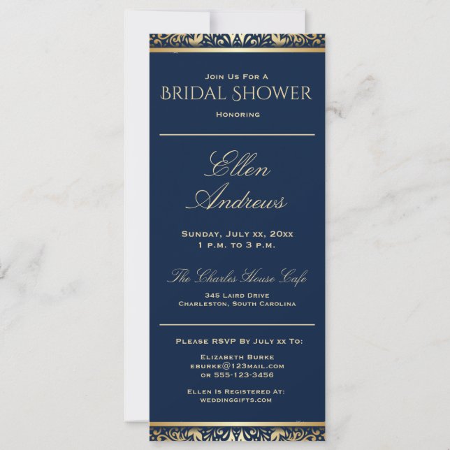 Elegant Navy and Gold Bridal Shower Invitation (Back)
