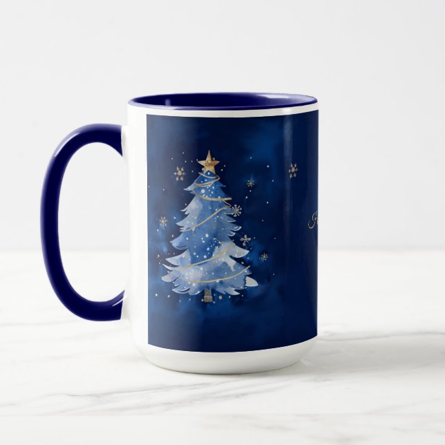Elegant Navy and Gold Christmas Tree Personalised  Mug (Left)