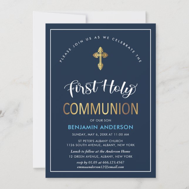 Elegant Navy And Gold First Holy Communion Invitation (Front)