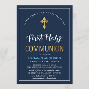 Elegant Navy And Gold First Holy Communion Invitation