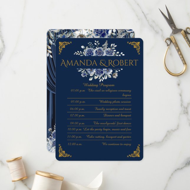 Elegant Navy and Gold Floral Wedding Program Card (Front/Back In Situ)