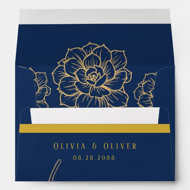 Elegant Navy And Gold Florals Wedding Custom Envelope (Back (Bottom))