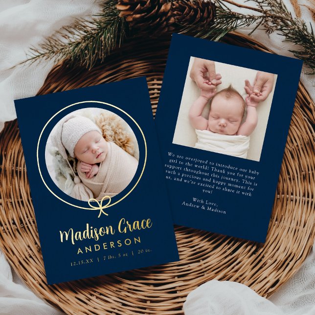Elegant Navy and Gold Foil Bow Birth Announcement (Creator Uploaded)