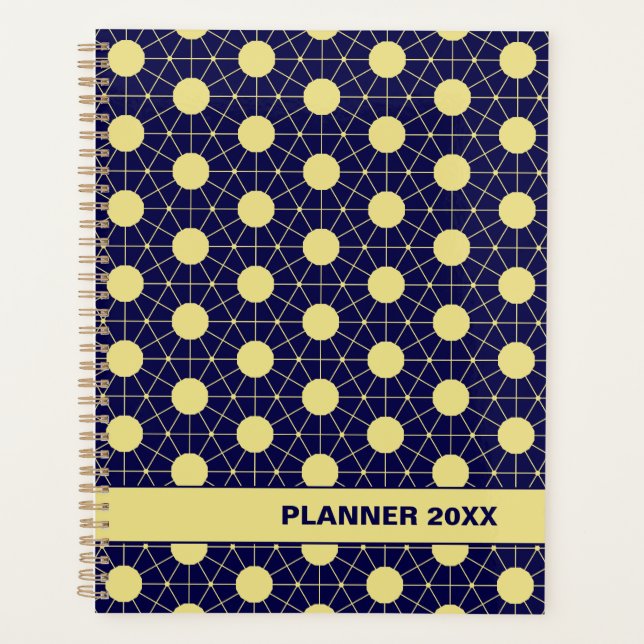 Elegant Navy and Gold Geometric Tile Pattern Planner (Front)