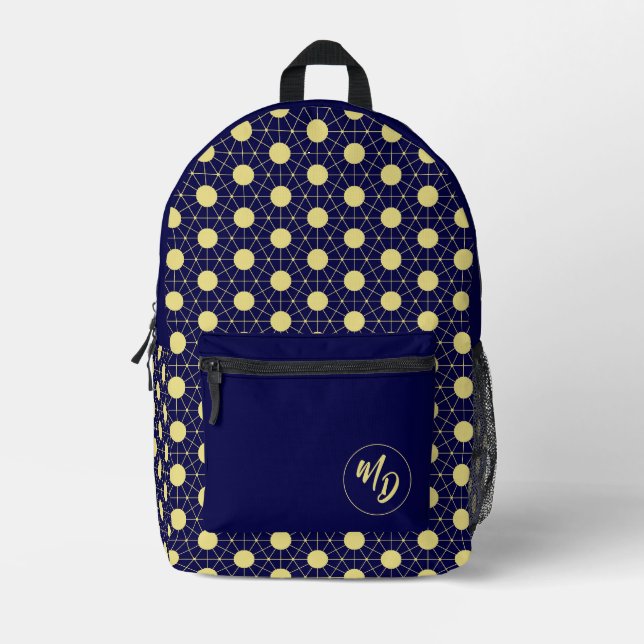 Elegant Navy and Gold Geometric Tile Pattern Printed Backpack (Front)