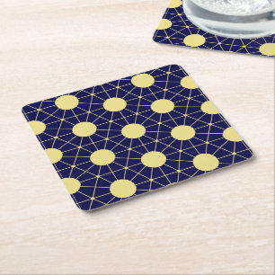 Elegant Navy and Gold Geometric Tile Pattern Square Paper Coaster