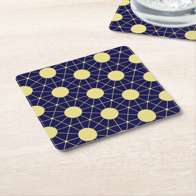 Elegant Navy and Gold Geometric Tile Pattern Square Paper Coaster (Angled)