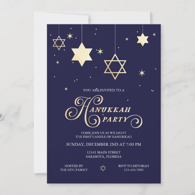 Elegant Navy and gold Hanukkah Party Invitation (Front)