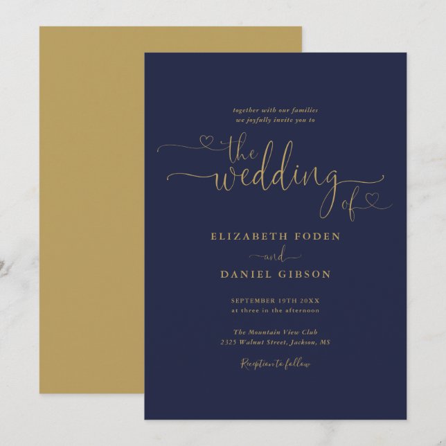 Elegant  Navy And Gold Hearts Calligraphy Wedding Invitation (Front/Back)