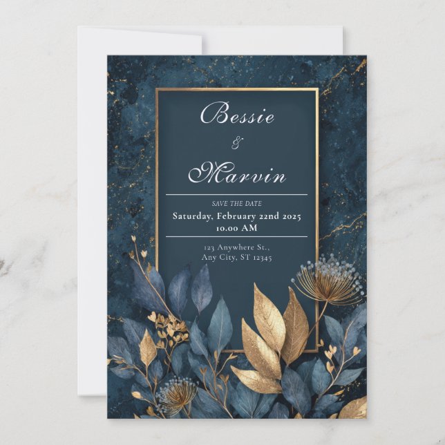Elegant Navy and Gold Leaf Wedding Invitation (Front)