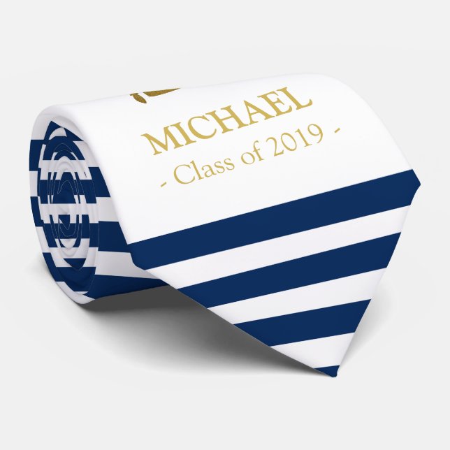 Elegant navy and gold personalised graduation tie (Rolled)