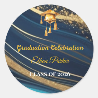 Elegant Navy and Gold Photo Graduation Classic Round Sticker