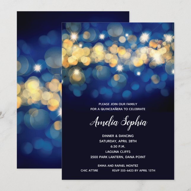 Elegant Navy and Gold Quinceañera Birthday Invitation (Front/Back)