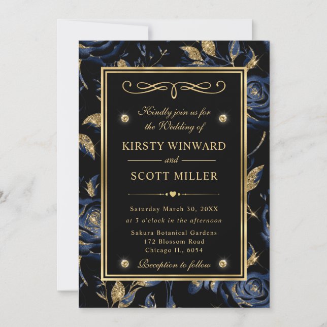 Elegant Navy and Gold Rose Floral Pattern Wedding Invitation (Front)