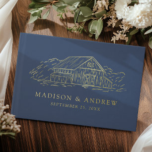 Elegant Navy and Gold Rustic Barn Photo Wedding Guest Book