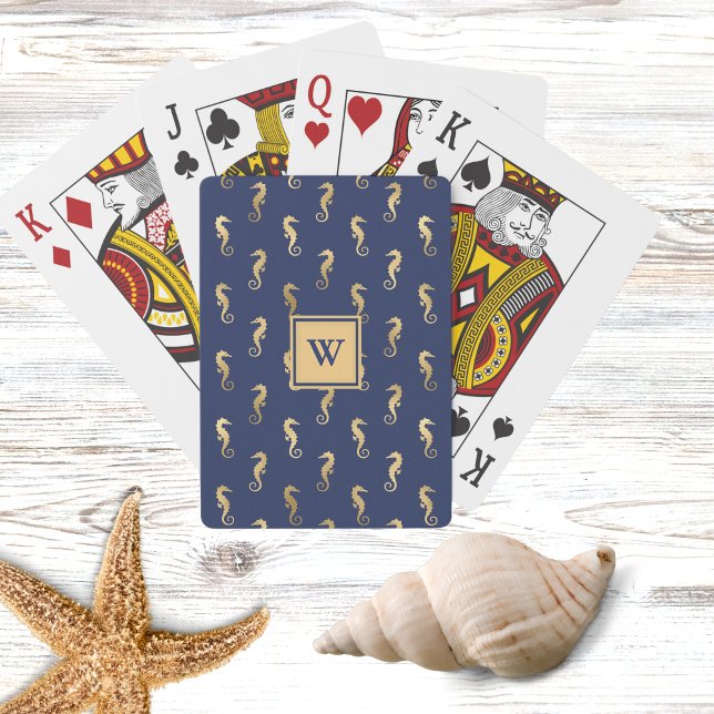 Elegant Navy and Gold Seahorses with Initial Playing Cards (Creator Uploaded)