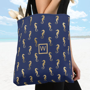 Elegant Navy and Gold Seahorses with Initial Tote Bag