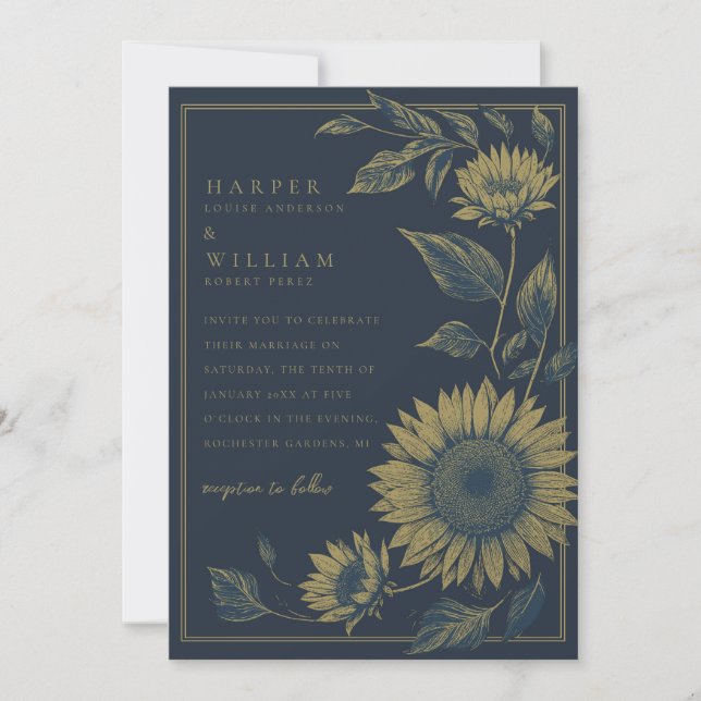 Elegant Navy and Gold Sunflower wedding Invitation (Front)