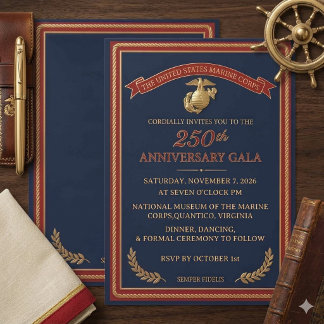 Elegant Navy and Gold USMC 250th Anniversary Gala  Invitation
