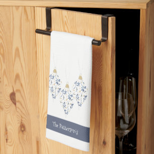 Elegant Navy and Gold Watercolor Holiday Ornament Tea Towel