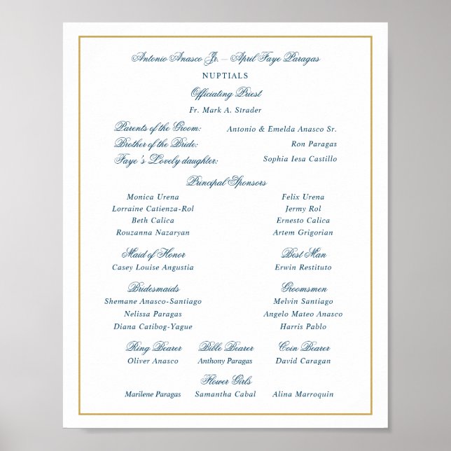 Elegant Navy and Gold Wedding Entourage Poster (Front)