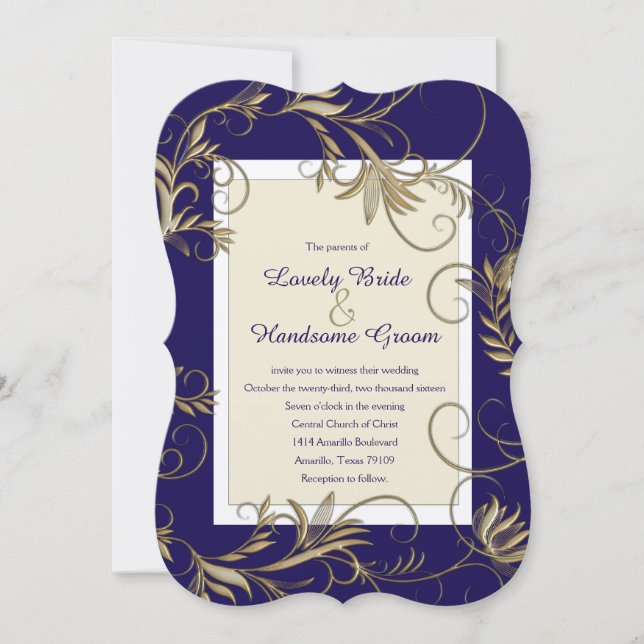 Elegant Navy and Gold Wedding Invitations (Front)